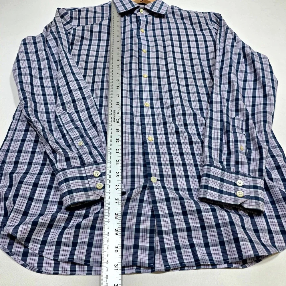 Banana Republic Button Down Mens L Navy Purple Plaid Non-Iron Slim Fit Shirt